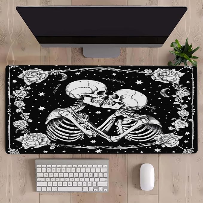 Large Black Romantic Skull Mouse Mat Computer Mousepad with Non-Slip Rubber Base Waterproof Mouse Pad Desktop Keyboard Pad for GamerHome School Laptop Office Accessories16x35.5in