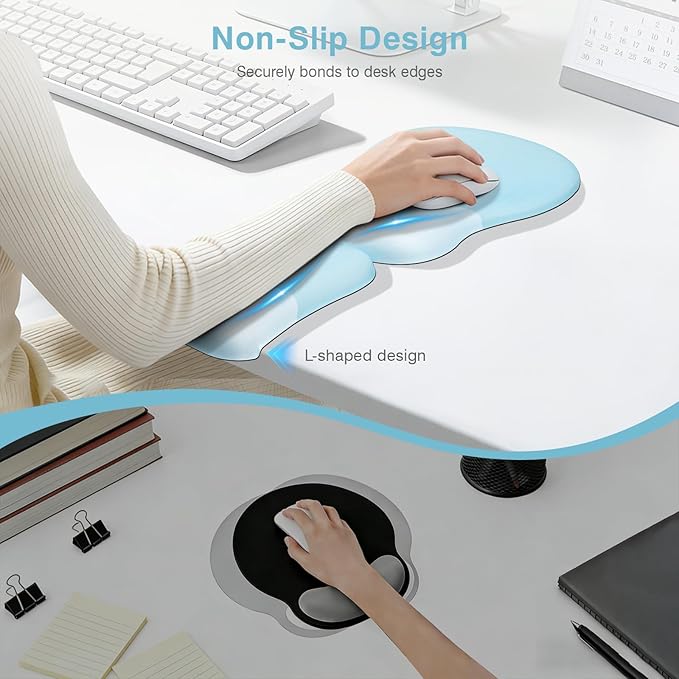 Ospelelf Mouse Pad with Wrist Rest Set Foam L-Shaped Desk Elbow Pad Ergonomic Desk Edge Cushion Anti-Slip Rubber Bottom Office Women Desk Accessories for Computer Laptop and Gaming Blue