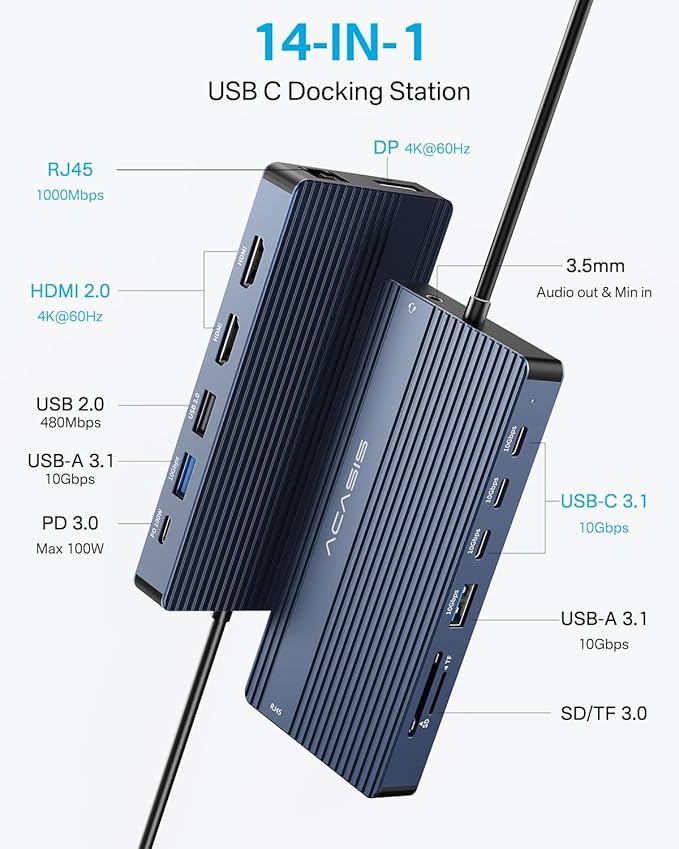 USB C Hub 14-1 USB C Docking Station Dual Monitor with 2 HDMI+DP(4K60Hz) Ethernet 3 USBC 10Gbps100W PD SD/TF 3.0 Audio Laptop Docking Station for MacBook/Dell/HP/Lenovo ThinkPad/Surface (Grey)