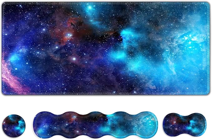 Extended Gaming Mouse Pad Keyboard Wrist Rest Pad Wrist Support Mousepad Set Artso Large Rubber Base Stitched Edges Multifunctional Desk Pad (35 x15.5 in) for Work Office Home Universe Galaxy