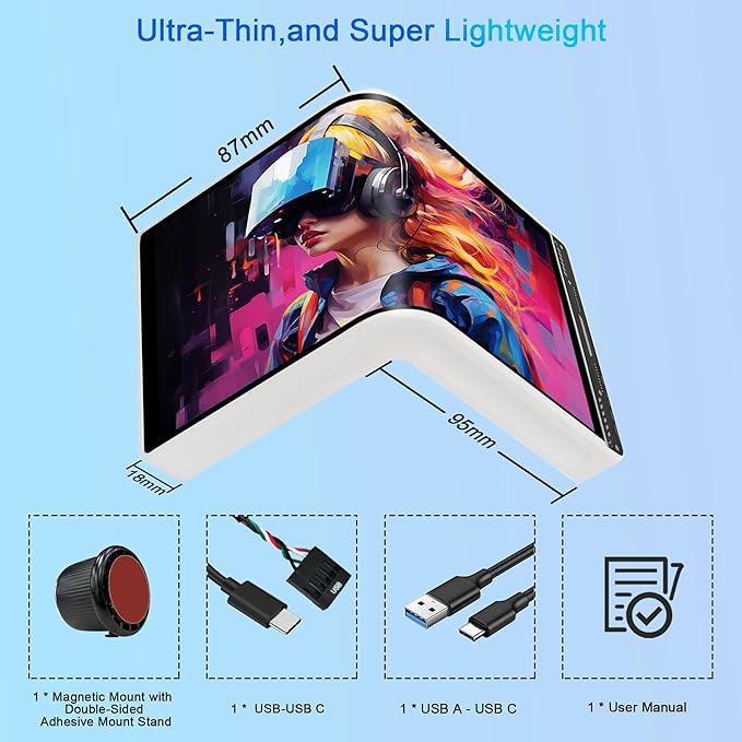 Portable Water Cooling Curved Screen Monitor 6.5 inch 2K 2560×1440 IPS with Magnic Stand External Computer Laptop OLED Monitor for PC Laptop Desktop (White)