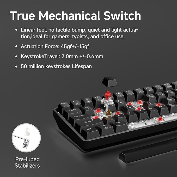 TMKB 60% Mechanical Gaming Keyboard Red Linear Switch LED Backlight Anti-Ghosting Detachable USB-C Double-Shot Keycaps 61 Keys Wired Black