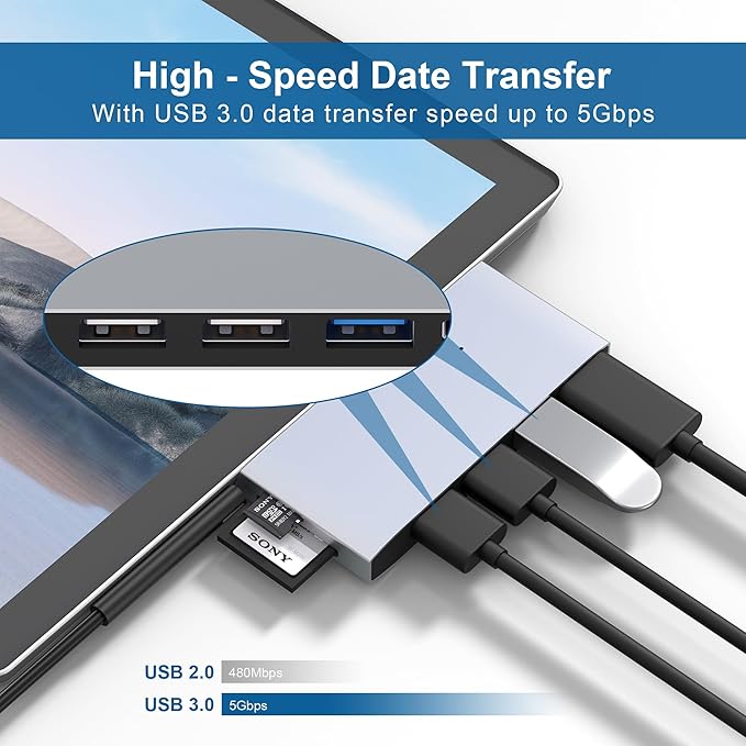 USB 3.0 Surface Pro 6/Pro 5/Pro 4 USB Hub Docking Station 4K HDMI Hub Adapter SD &amp TF/Micro SD Memory Card Reader 4K@30Hz HDMI Port Converter Accessories for Surface Pro 6/5/4