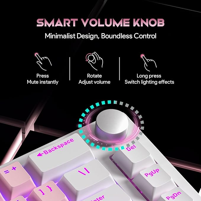 68% Wired Gaming Keyboard with Volume Knob RGB Backlit Mechanical Keyboard Gasket Mount with PBT Keycaps8000 Hz Polling Rate Hall Effect Cream Switches Hot-Swap for FPS Games (White+Pink)