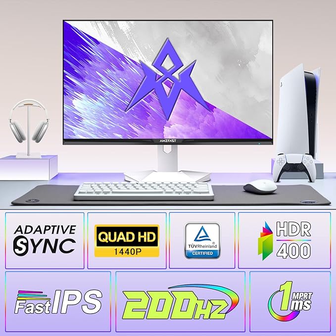 Amzfast 27 inch 1440P 200Hz/180Hz White Gaming Monitor 2K QHD (2560 ×1440)MPRT 1ms Fast IPS | HDR400 &amp TÜV Rheinland Eye Care &amp 12 Months Exchange (HDMI &amp DP Cable)