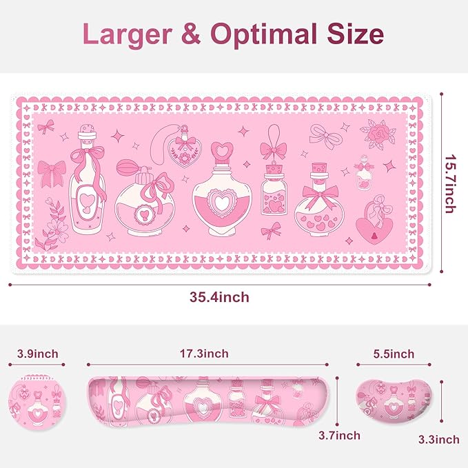 Desk Mat Pad Gaming Mouse Pad Wrist Support Set 4 in1 Non-Slip XXL Large Mousepad + Ergonomic Keyboard Wrist Rest+Mouse Wrist Rest+Coaster for Home Office Computer I Pink Kawaii Bow Bottle