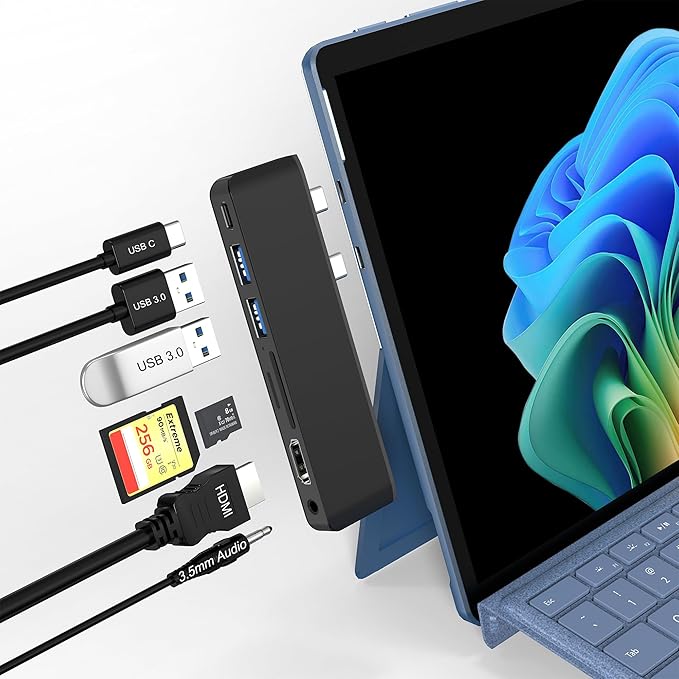 Surface Pro 11/10/9 Accessories Docking Station &amp Adapter - 7-in-1 USB-C Hub for Dual Monitor with 4K HDMI USB C Thunderbolt 4 (8K@30Hz/40Gbps/100W PD) 2 USB 3.0 SD/TF Card Reader &amp 3.5mm