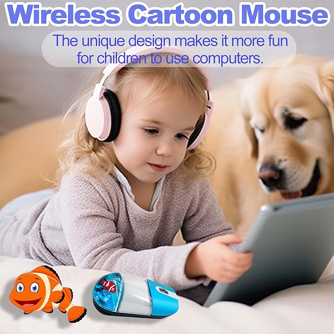 Wireless Mouse Cute Aqua Water Mouse Silent Lightweight Portable Clear Transparent Liquid Optical Retro Mouse with USB Receiver Floater Clownfish for PC Laptop Computer MacBook Kids Adult Gift(Blue)
