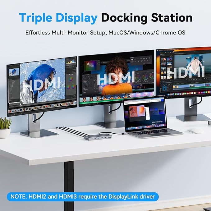 4URPC USB C Docking Station Triple Display with 120W Power Adapter 3X HDMI Laptop Docking Station 3 Monitor for Windows MacBook/Mac mini M4(5 USB Ethernet SD/microSD)