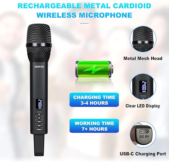 Rechargeable Wireless Microphone Pro Handheld Cordless Mic System with Echo Treble BASS VOL Control for Karaoke Singing Church Party 1/4'' Output Black