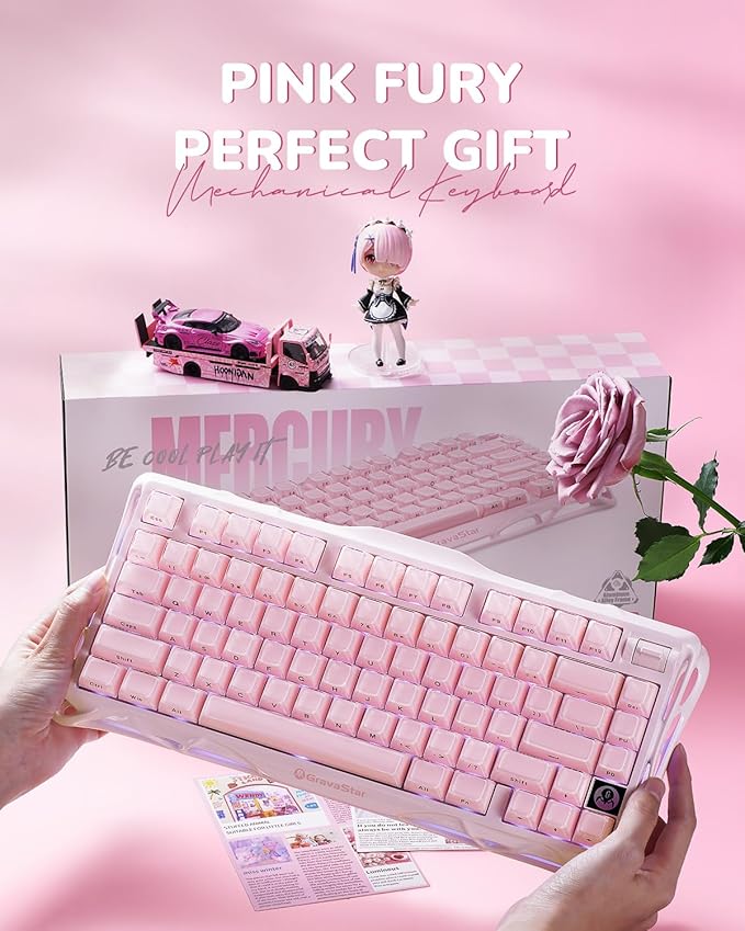 GravaStar Mercury K1 75% Pink Wireless Keyboard Aluminum Alloy Exoskeleton Design Mechanical Gaming Keyboard Gasket Hot-Swap Socket Linear Switches RGB Backlit