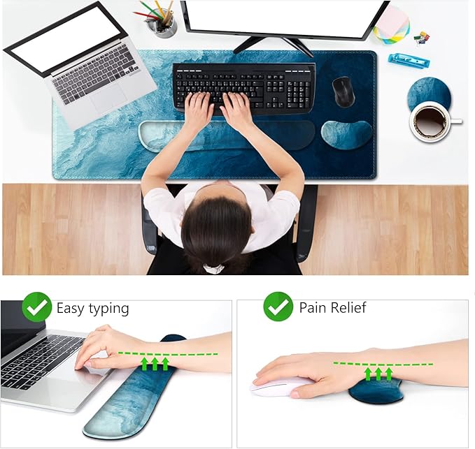 AIMSA Large Gaming Mouse Pad Set Keyboard Wrist Rest Support + Extended Mouse Pad + Mouse Wrist Cushion + Coaster Ergonomic Memory Foam Multifunctional Desk Mat 35x15.7inch (Dark Blue Waves)