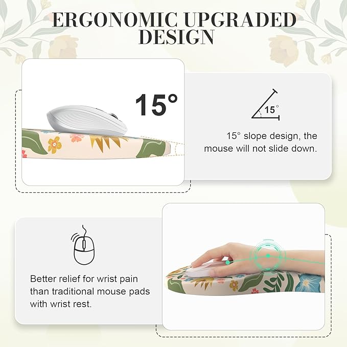Computer Mat and Mouse Pad SetFloral Aesthetic Wrist Rest for Keyboard and Mouse with Coaster Non-Slip Desk Protector Work from Home(Green and Pink)