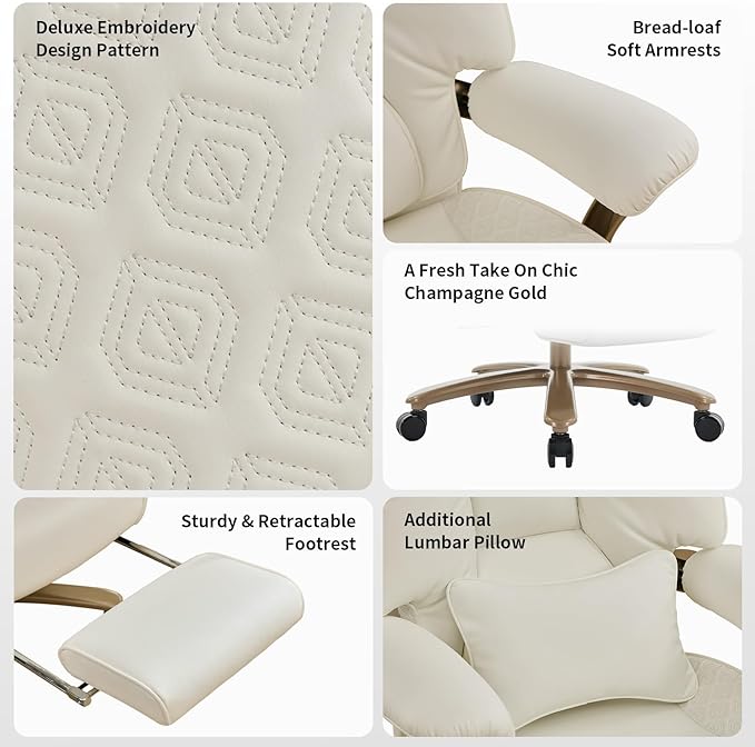 Big and Tall Executive Office Chair with Footrest 400LBS Capacity Ergonomic High-Back Desk Office Chair with Lumbar Support Padded Armrests &amp Thick Cushion White PU Leather Chairs