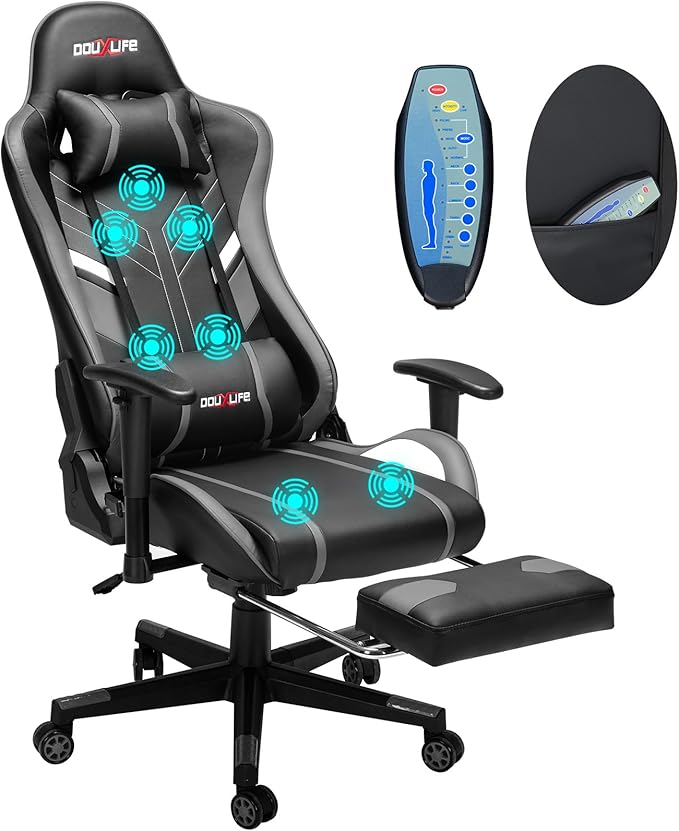 Douxlife 7-Point Massage Gaming Chair with Footrest 400lbs Heavy Duty Ergonomic Computer Chair 175° Reclining High Back Racing Seat for Adults with Adjustable Armrests &amp Lumbar Support Grey