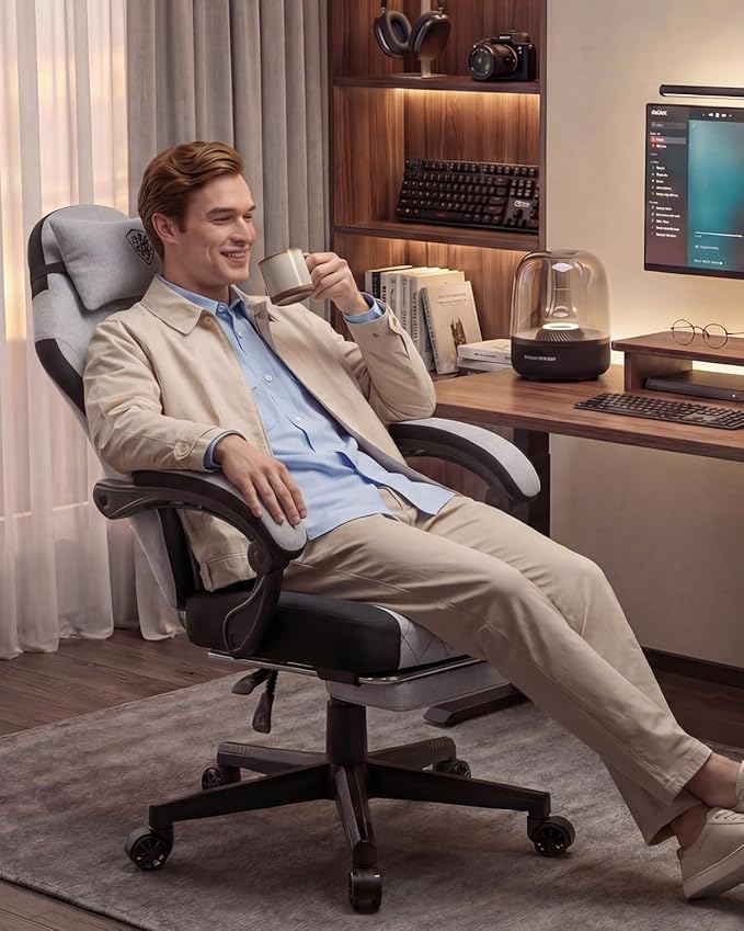 Dowinx Gaming Chair Fabric Gaming Chairs for Adults with Pocket Spring Cushions and Lumbar Support Ergonomic Massage Computer Chair with Footrest for Big and Tall Gray