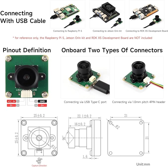 Waveshare OV2735 2MP USB Camera (A) Supports USB2.0 Type-C Port and SH1.0 4PIN Header