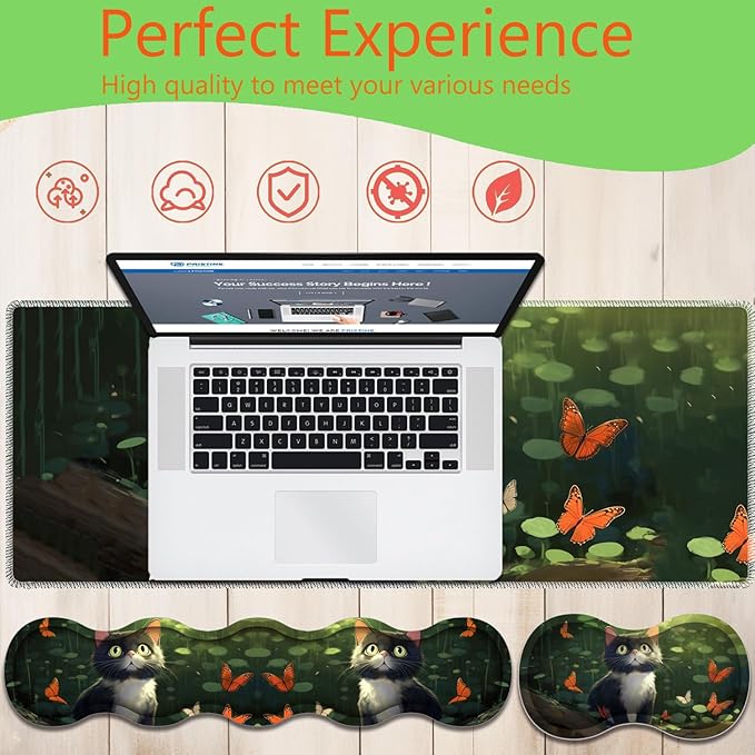 4 in 1 Mouse Pad Combo Large Gaming Mouse Pad + Keyboard Wrist Support + Mouse Wrist Rest + Coaster Table Pad with Stitched Edge Ergonomic Wrist Pad Set Butterfly and Cat