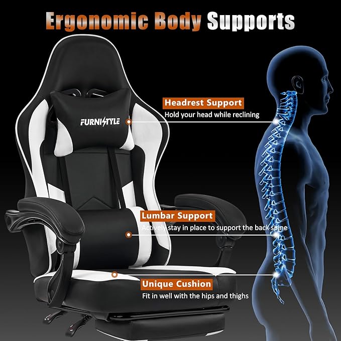 Gaming Chair with Footrest Reclining Video Game Chairs for Adults with Lumbar Support Linkage Armrests Ergonomic Computer Chair for Gaming or Office PU Black-White