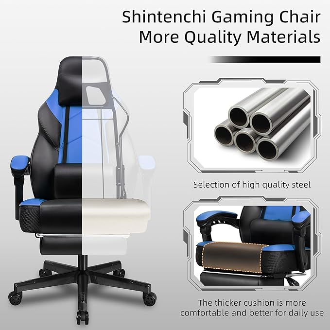 Shintenchi Gaming ChairVideo Game Chair with footrest and Massage Lumbar SupportHeight Adjustable Game Chair with 360°Swivel Seat Ergonomic Computer Chair with Headrest for Office or Gaming(Blue)