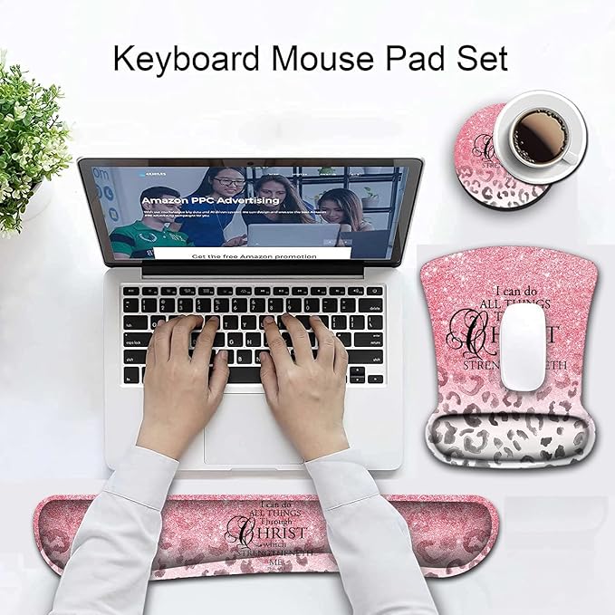 Mouse Pad Wrist Support and Memory Foam Keyboard Wrist Rest Set Ergonomic Gel Mouse Pad for Computer Laptop Desk Pad with Non Slip PU BasePink Leopard Print Pattern Gaming Mouse Pad