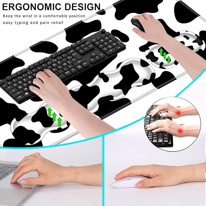 Keyboard Wrist Rest and Mouse Pad with Wrist Support Set Ergonomic CoasterMemory FoamEasy Typing Pain ReliefLarge XL Desk Mat 31.5x 11.8Cow Print