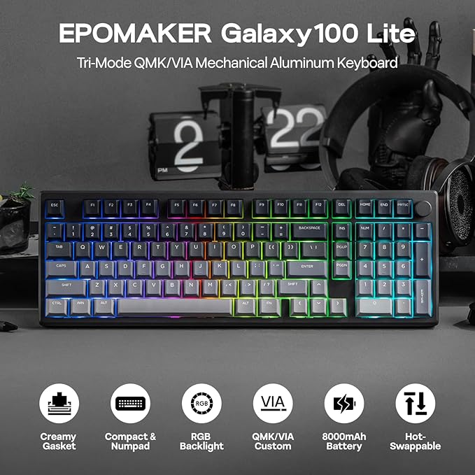EPOMAKER Galaxy100 Lite QMK/VIA Gaming Keyboard with 8000mAh Battery and Numpad 1800 Aluminum Mechanical Keyboard USB-C/BT/2.4Ghz Hot-Swap Creamy Sound (Black Marble White Switch)