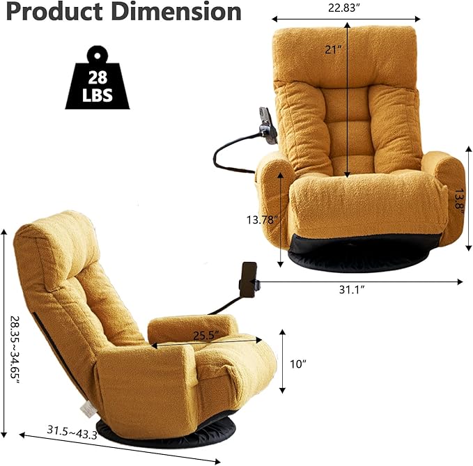 360-Degree Swivel Floor Chair with 5-Position Folding Design Adjustable Headrest Waist Support Armrests and Phone Holder for Living Room (Yeiiow+Teddy Fleece)