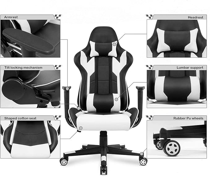 Adult Gaming Chair Ergonomic Massage Chair Modern Carbon Fiber Desk Chair Large Gaming Chair Teenage Gaming Chair (Red) White