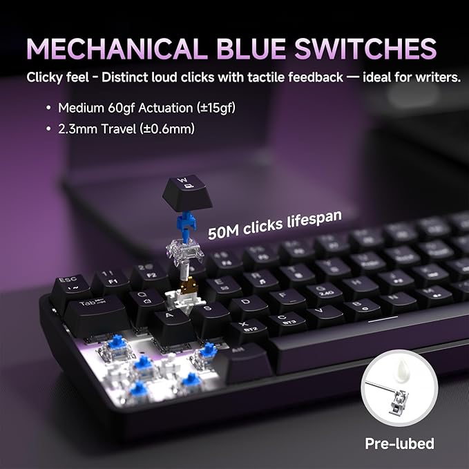 DIERYA DK68 Wireless Mechanical Keyboard 60% Gaming Keyboard with Blue Switch Triple Mode 2.4GHz/USB-C/BT5.0 RGB Backlit Anti-Ghosting Keys 68 Keys Portable Mini Wired Office Keyboard-Black