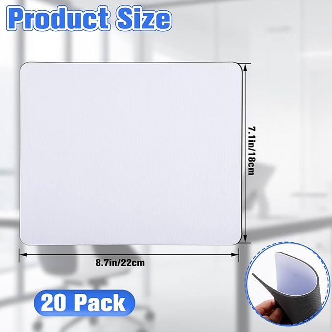 40 Pcs White Mouse Pad for Heat Transfer White Mouse Pads for Transfer Heat Press Printing Crafts DIY Rectangular Mousepad Mouse Pads with Non Slip Rubber Base(22x18x0.3cm)