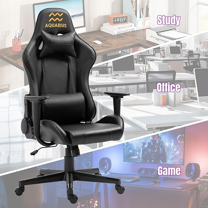 DIKEP Gaming Chair Computer Office High Back Leather Gamer Chair Ergonomic Adjustable Racing Chair with Headrest and Lumbar SupportBlack