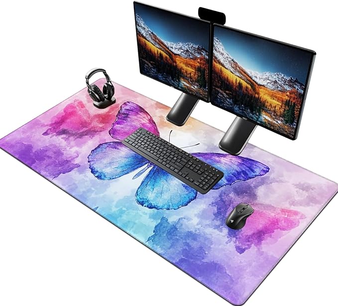 Extra Large Butterfly Mouse Pad 48x24 Inch – 3XL Huge Waterproof Desk Mat with Non-Slip Rubber Base &amp Stitched Edges Full Coverage Mousepad Keyboard Mat for Work Game Office(Purple XXXXL)