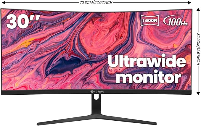 CRUA 30Inch Ultrawide Curved Monitor 21:9 FHD(2560x1080P) VA Computer Monitor 120% sRGB 100HZ 1500R PC Monitors Support FreeSync Wall-Mounted with HDMI/DP Display Port-Black