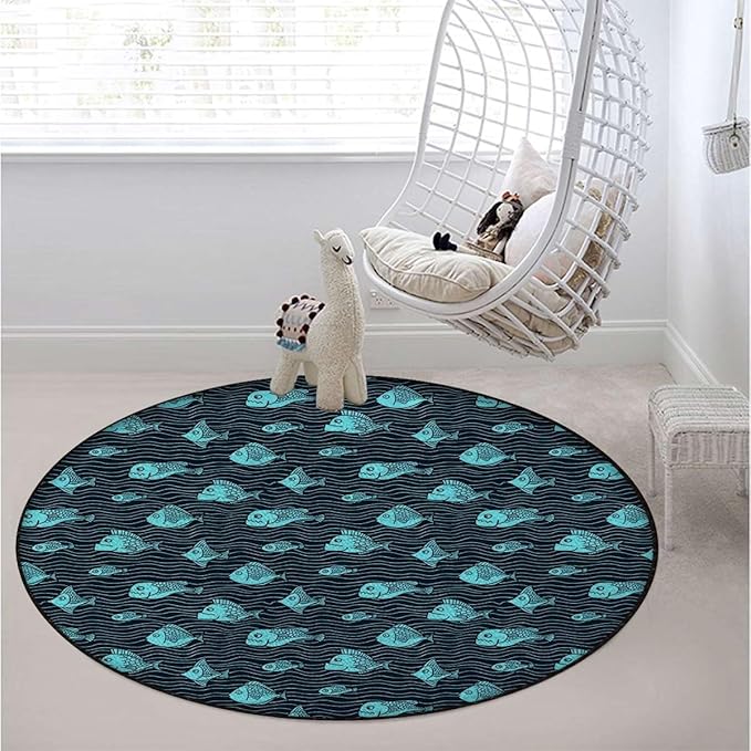 Navy Turquoise Office Chair Mat Hardwood Floor Computer Desk Mat Anti-Slip Gaming Chair Mat Round Floor Mat Durable Floor Protector Nautical Ocean Life Maritime Creature Diameter 59 in