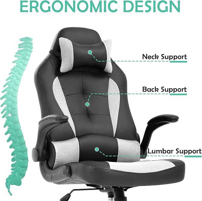 High Back PU Leather Office &amp Gaming Racing Chair - Comfortable &amp Heavy Duty - Headrest &amp Lumbar Support - Height Adjustable - Big &amp Tall Size - White