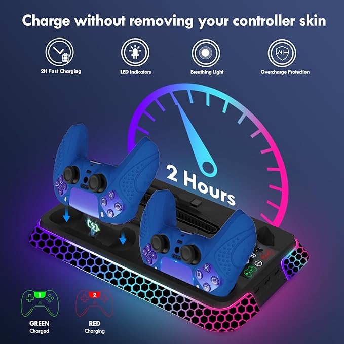 Pro Slim Cooling Station with RGB LightsStand Vertical Base Accessories with Silent 3-Level Cooling Fans Dual Controller Charger and USB Hubs (Black)