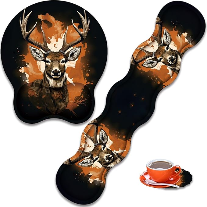 Mouse Wrist Rest and Keyboard Wrist Rest Pad+ Coaster Set Non-Slip Rubber Base Smooth Surface Ergonomic Gaming Mouse Pad for Easy Typing and Pain Relief Camo Tree Deer