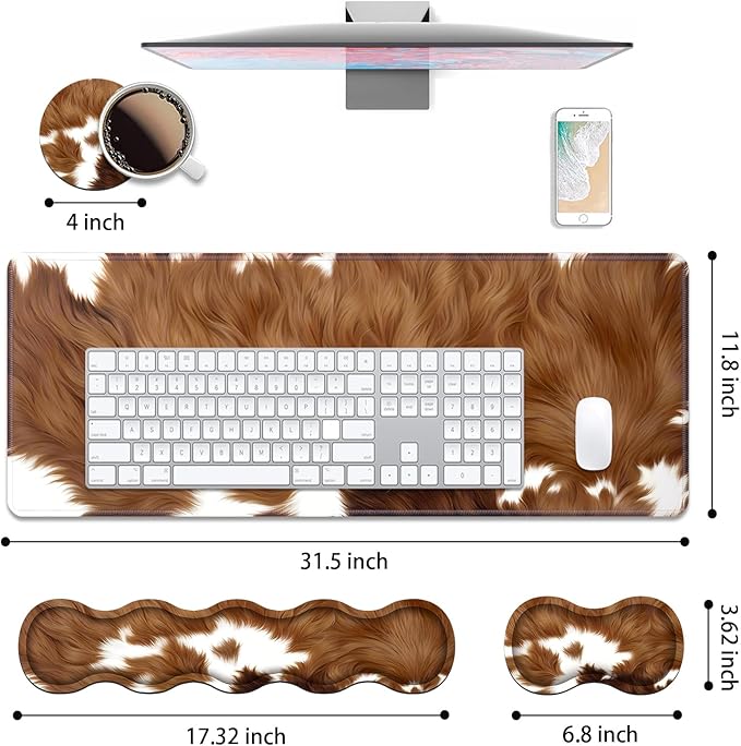 4 in 1 Ergonomic Keyboard Wrist Rest &amp Mouse Pad Wrist Rest Set Large XXL Gaming Desk Mat 31.5x 11.8 with Non-Slip Base Memory Foam for Home Office Study Gaming Brown Cow Print