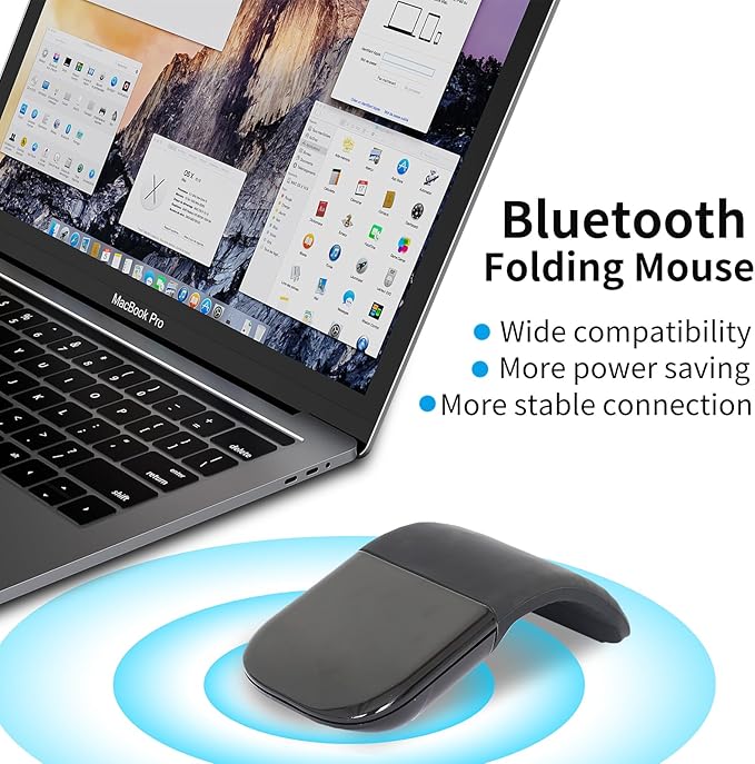 Bluetooth Arc Touch Mouse Portable Mini Folding Travel Mouse whitout USB Dongle Foldable Mice for Laptop Tablet - Black