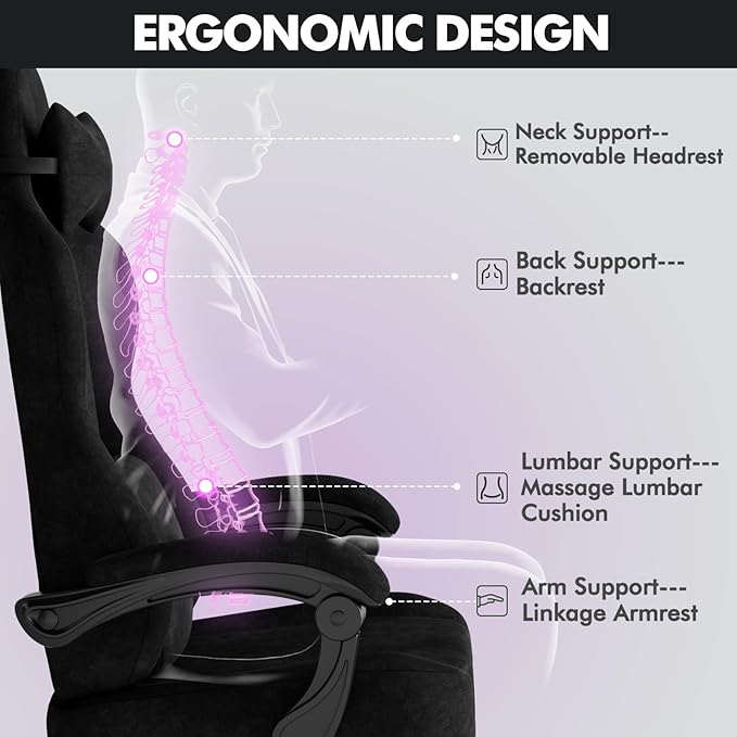 Soontrans Black Velvet Fabric Gaming Chairs with Footrest Ergonomic Comfortable Video Gamer Chair Reclining Office Computer Desk Game Chairs with Massage Lumbar CushionHeadrest for Adult