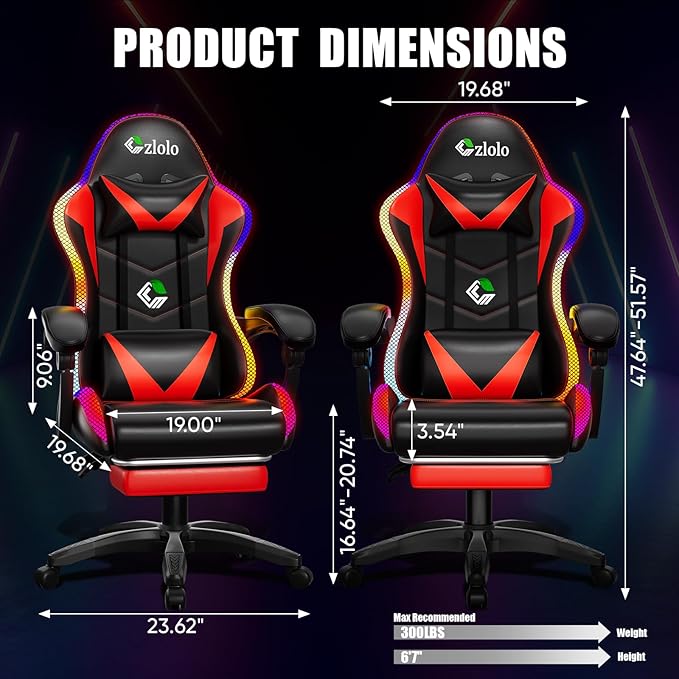 Gaming Chair Racing Style RGB LED Lights Gaming Chairs for Adults and Kids Lumbar Massager Gamer Chair High Back Reclining Computer Chair with Footrest and Headrest (Black/Red)