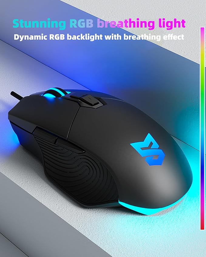 Wired Gaming Mouse Ergonomic Wired Mouse for Laptop RGB Mouse 7200 DPI Optical Sensor Adjustable USB C RGB LED Backlit Gaming Mice with 7 Programmable Buttons Black