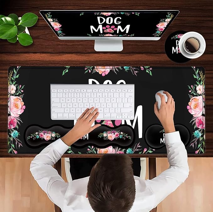 Gaming Mouse Pad Large XXL Mouse PadLarge Mouse Pad with Stitched EdgeNon-Slip Desk Pad Ergonomic Keyboard Wrist Rest Anime Mouse Pad Cute Dog Mom Floral Design Black Desk Mat for Computer Laptop