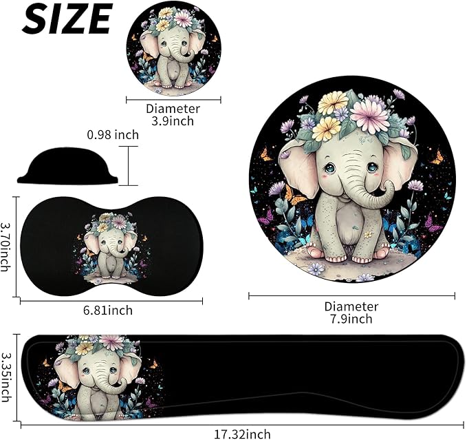 Mouse Pad + Keyboard Wrist Rest + Mouse Wrist Rest Support Set + Coaster Ergonomic Memory Foam Mouse and Keyboard Pad Set for Laptop Computer Office Home Working Gaming - Elephant Flower