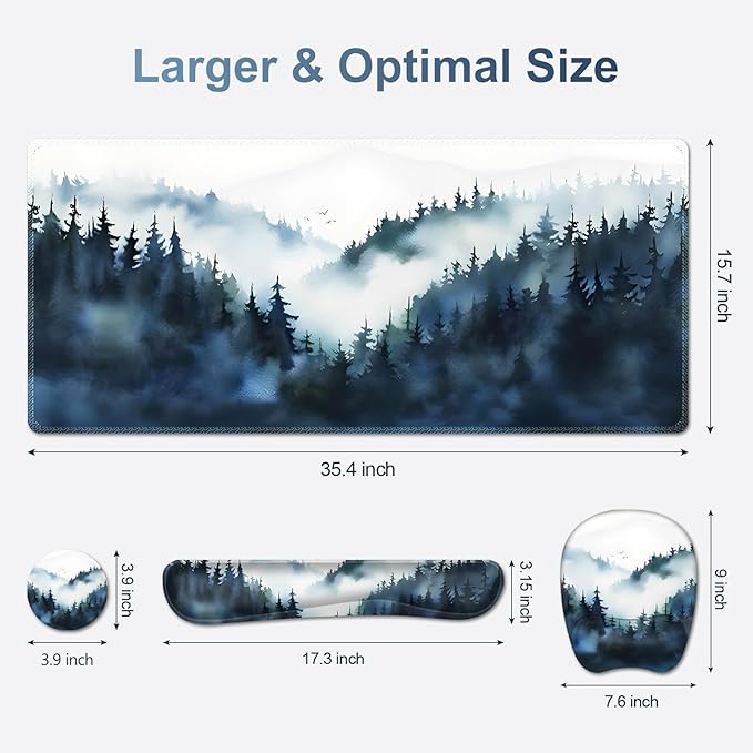 Large Mouse Pad Keyboard Wrist Rest Set Ergonomic Mouse Pad with Wrist Support Desk Mat with Stitched Edges + Coaster Extended Desk Pad Waterproof Desk Mat for Home Office Game I Misty Forest