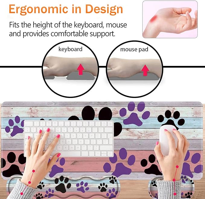 Large Gaming Mouse Pad Keyboard Wrist Rest + Mouse Wrist Pad + Coaster Combination Set Memory Sponge Non-Slip Base. Suitable for Office and Home Rainbow Wood Grain Black and Purple Dog paw