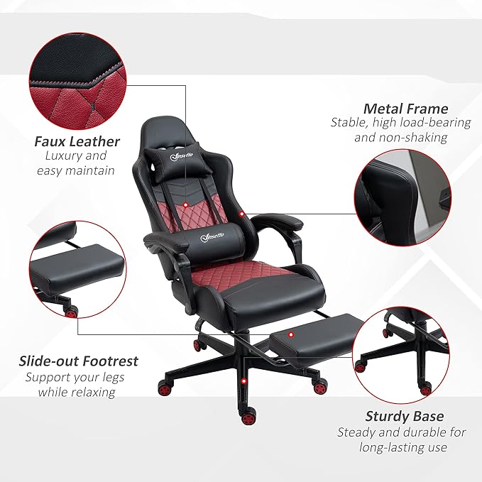 Black Racing Gaming Chair Diamond with Footrest Headrest and Lumbar Support PU Leather Office Gamer Chair High Back Swivel Recliner Adjustable Height for Office or Gaming