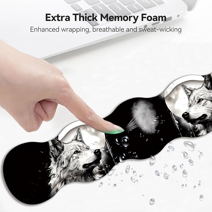 Mouse Wrist Rest and Keyboard Wrist Rest Pad+ Coaster Set Non-Slip Rubber Base Smooth Surface Ergonomic Gaming Mouse Pad for Easy Typing and Pain Relief Wolf Moon