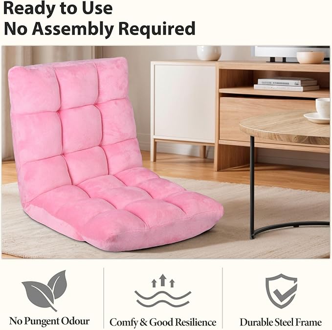 14-Position Adjustable Floor Gaming Chair Foldable Memory Foam Armless Sofa Seat Couch Recliner with Comfy Back Support for Working Meditation Reading Pink
